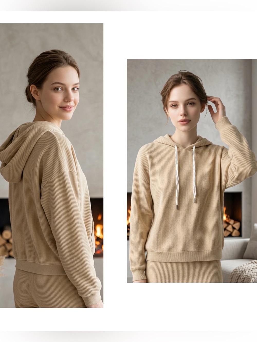 aerie Women’s Sz M Ribbed Hooded Cotton Pullover Sweatshirt Tan drawstring